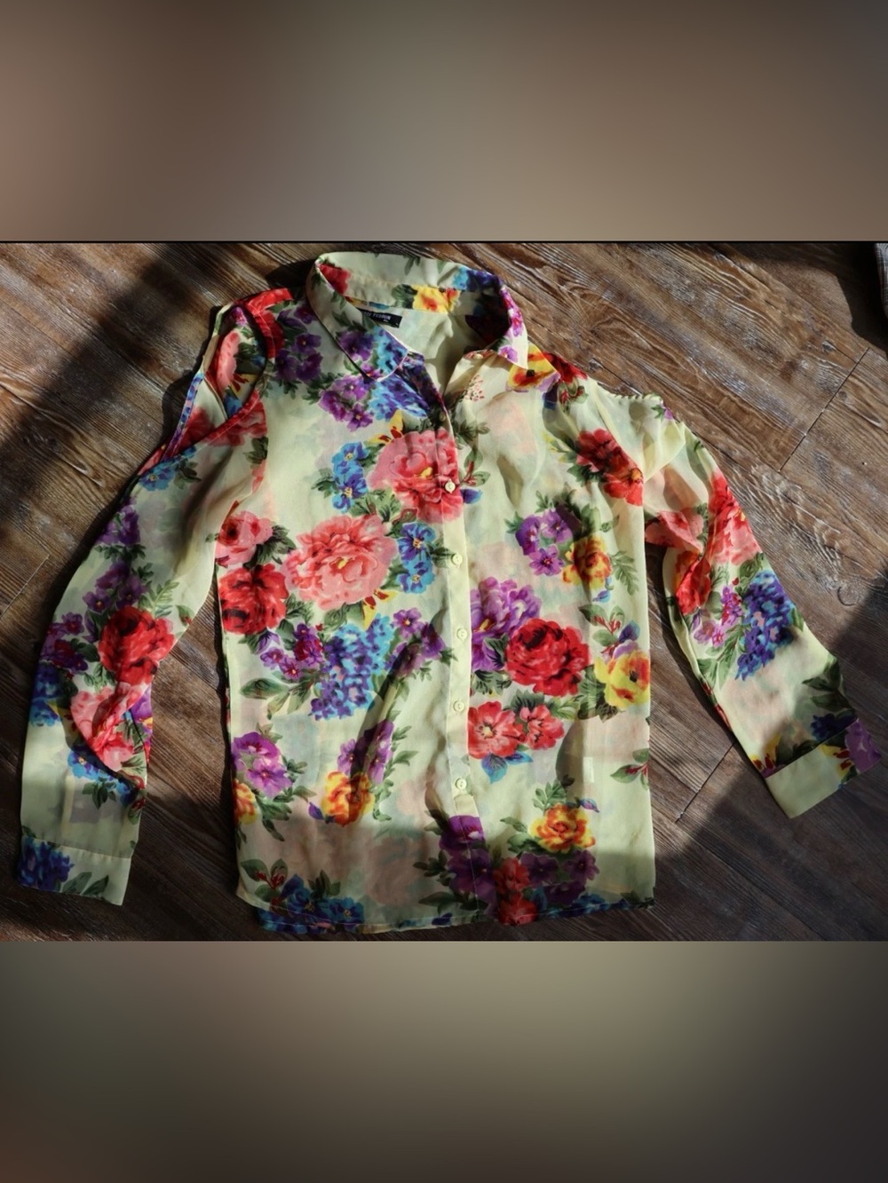 Soft Romantic Yellow Floral Sheer Cold Shoulder Button Up Boho Blouse Womens XL